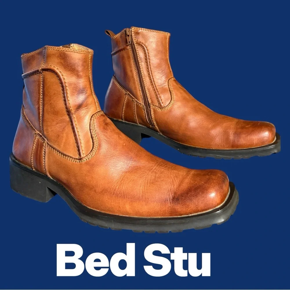 Bed Stu-Men’s 11 side zip boot. Cobbler Series distressed leather. Cognac EUC!